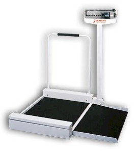 Detecto 495 mechanical wheelchair scale provides the economical answer to weighing patients in wheelchairs. Quality is enhanced by a precision die-cast weighing beam which is easily read from either side. The weight beam is located at a height above the platform where patient or attendant can perform the patient weighing operation. Detecto medical scales are made in the USA
