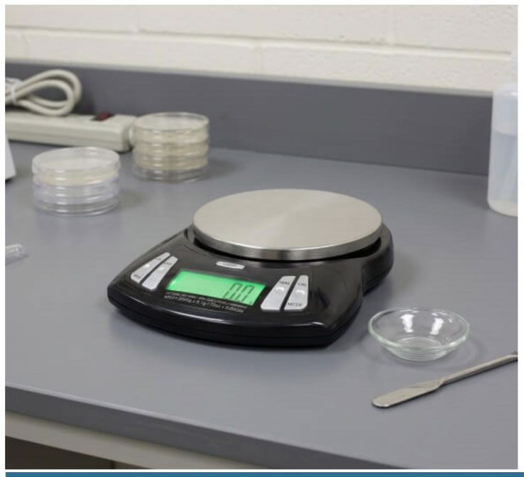 Close-up of a US Balance scale display showing grams and a tared container on the platform.