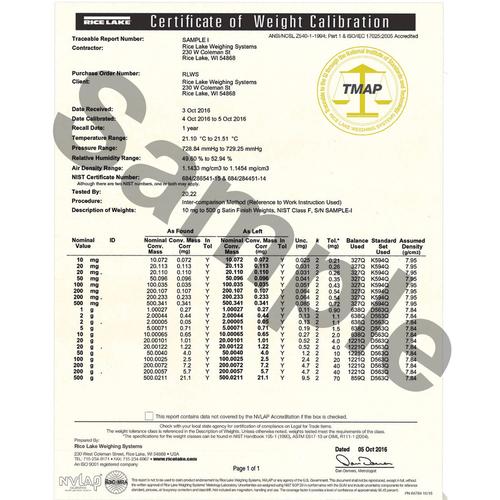 Rice Lake Accredited Certificate for 30840 OIML Class F1 Metric Weight Set